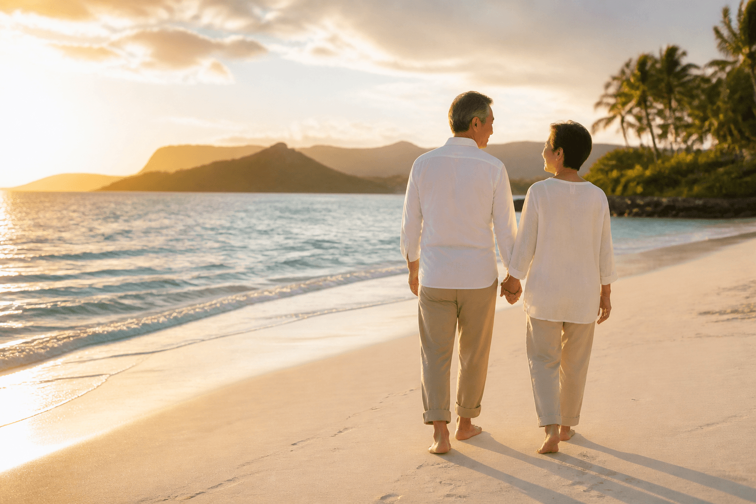 リゾートの砂浜を手をつないで歩く夫婦