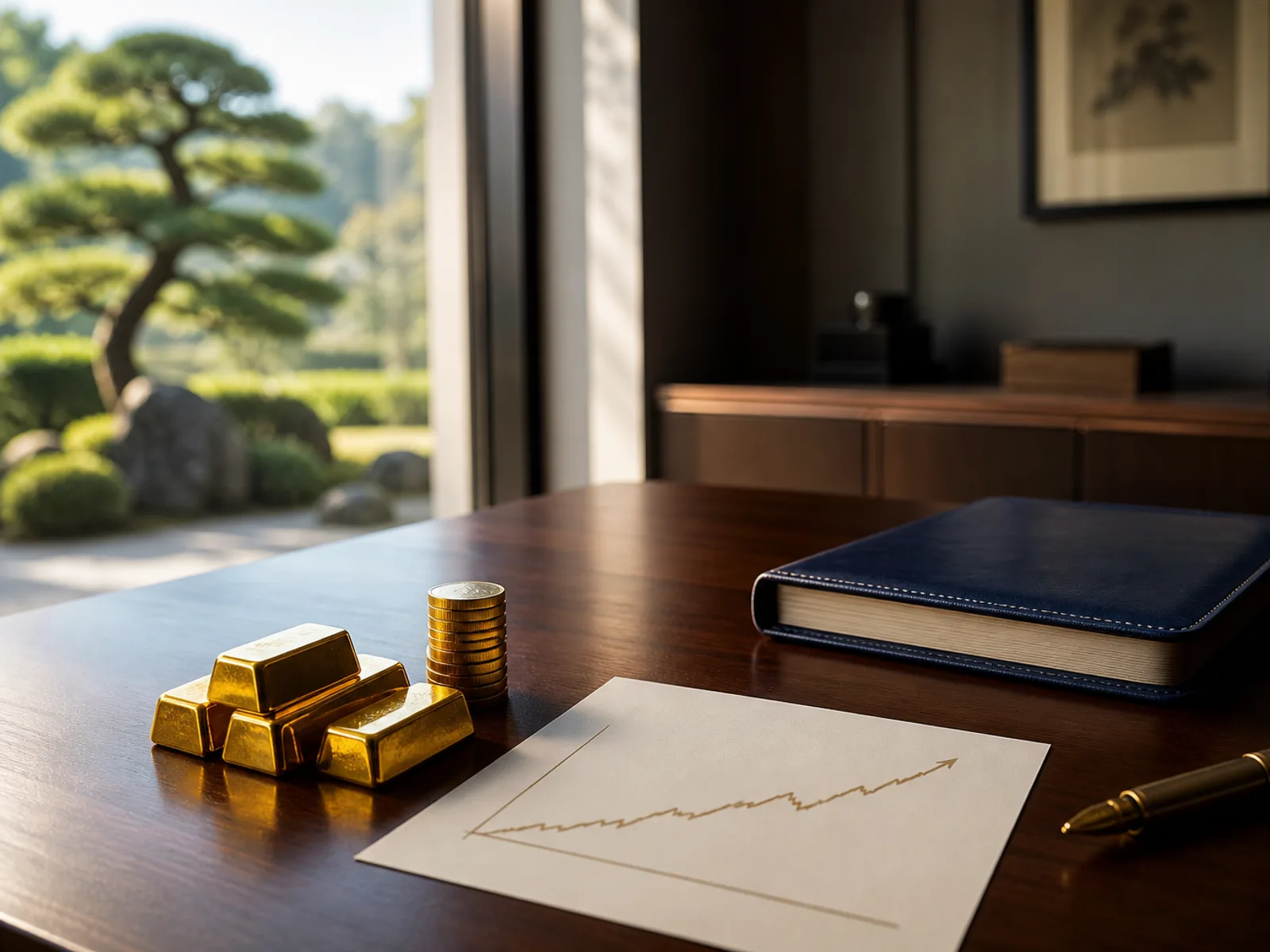 机に置かれた金地金と資産形成の計画資料